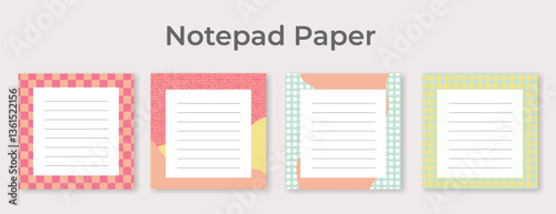 Four decorative notepads with lined paper and vibrant geometric borders in pastel pink, orange, mint green, and yellow.