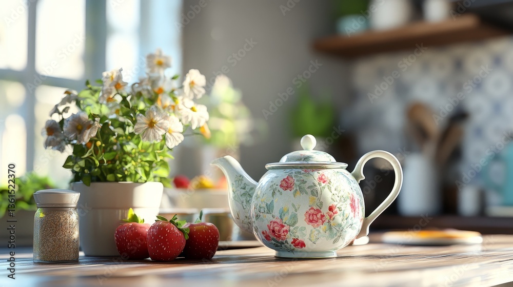 Fototapeta premium Floral teapot kitchen counter breakfast 3D