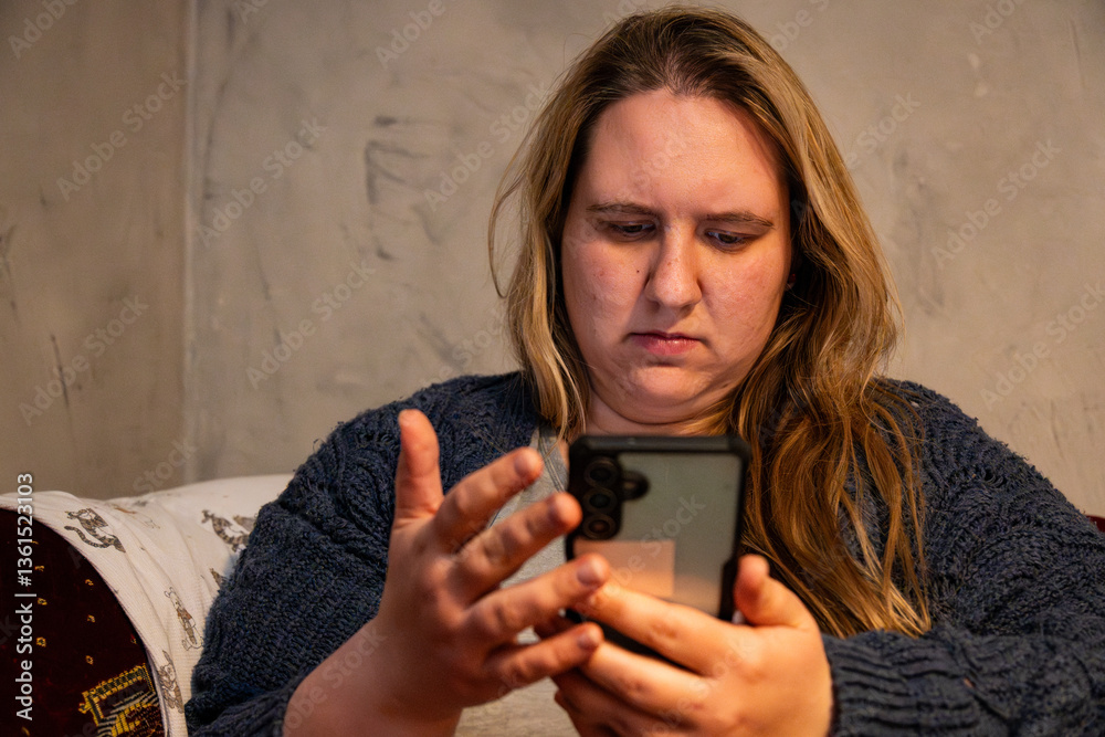 Fototapeta premium Mother engaged with smartphone while seated comfortably at home in cozy surroundings