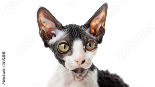 A close-up portrait of a black and white sphynx cat on png background photo.