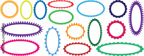 Scalloped colorful circle set. Set of colorful arch, rectangle and square, oval and circle shapes with wavy edges. Clipart image vector illustration isolated on white background. 