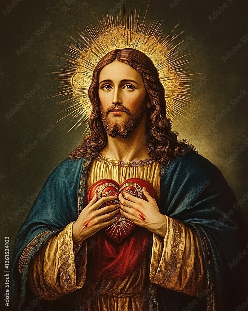 Fototapeta premium Serene image of Jesus, the Sacred Heart symbolizing his boundless compassion.