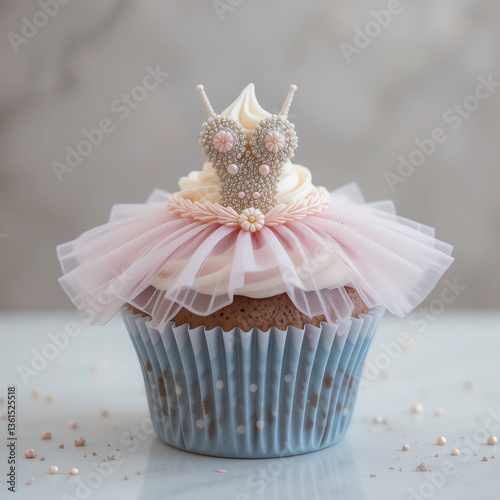 A beautifully decorated cupcake featuring a ballerina dress with delicate details, perfect for celebrations and special occasions.