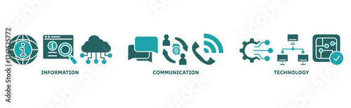 Information and Communications Technology (ICT) Banner with icon of antenna, radio, network, website, database, cloud, server, data, electronic, and processor 