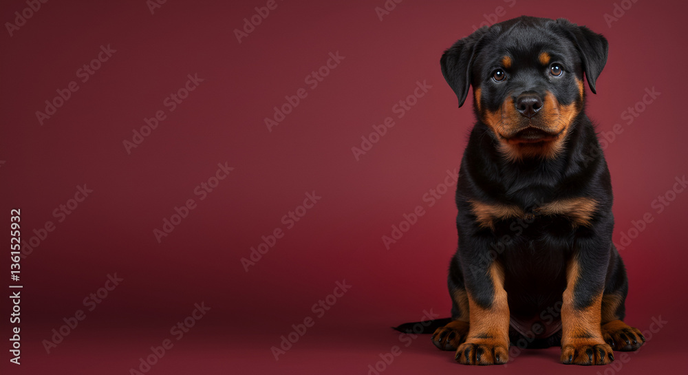 Fototapeta premium Serious Rottweiler Puppy Posing Against Maroon Background