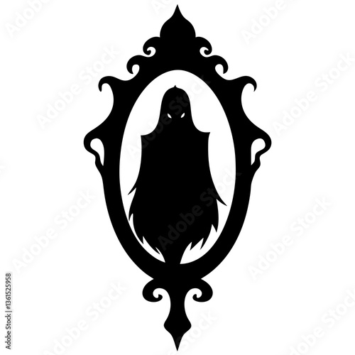 Haunted mirror with a ghostly reflection silhouette vector illustration 