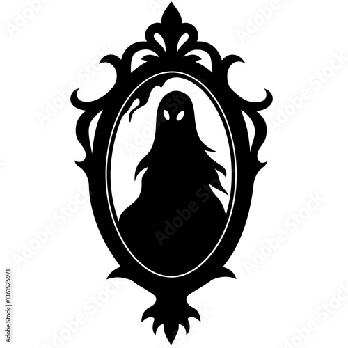 Haunted mirror with a ghostly reflection silhouette vector illustration 