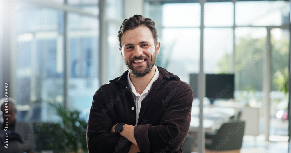 Fototapeta premium Portrait, business and man with pride in office for about us, ambition and consultant of creative career. Person, public relations and arms crossed with confidence, experience and crisis management