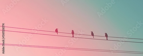Silhouetted birds perched on power lines against a colorful gradient sky.
