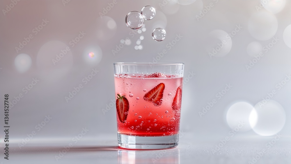 Refreshing sparkling drink with strawberries in a glass, bubbles rising against a blurred background Refreshing sparkling drink with strawberries in a glass, bubbles rising against a blurred background