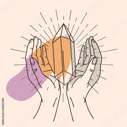 Vector illustration of hands holding a glowing crystal with radiant light, symbolizing energy and healing