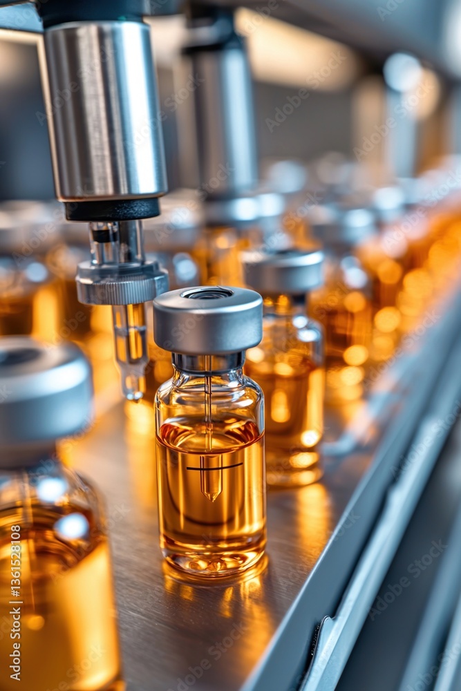 Manufacturing Excellence: A close-up shot of an automated vial filling system, depicting the process of precision and advancement of vials in the industrial field. The sterile environment. Manufacturing Excellence: A close-up shot of an automated vial filling system, depicting the process of precision and advancement of vials in the industrial field. The sterile environment.