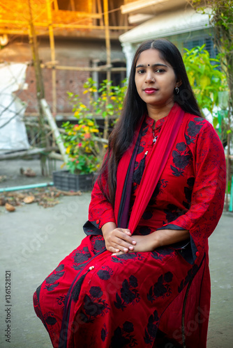 A beautiful young woman is enjoying nature in a green spring rooftop garden. Fashion model portrait.