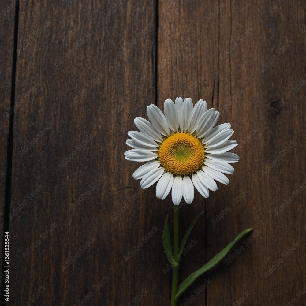 Obraz premium A minimalistic image of a single white daisy on a wooden surface.