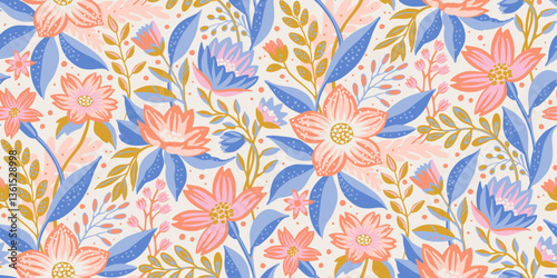 Vibrant seamless floral pattern featuring stylized flowers and leaves in pink, blue, and gold hues. Whimsical hand-drawn style with a lively appearance. Ideal for textiles, wallpaper, or packaging.