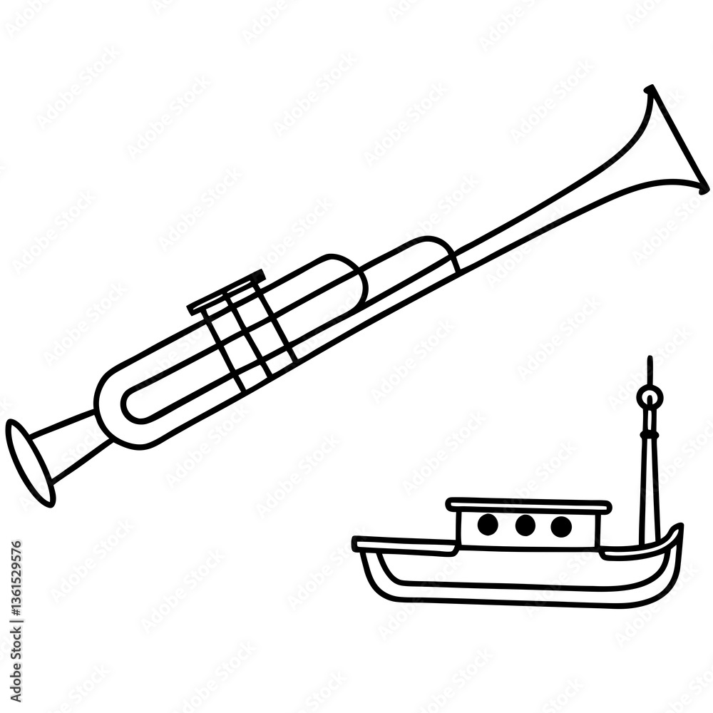 Fototapeta premium Trombone tugboat line art vector illustration