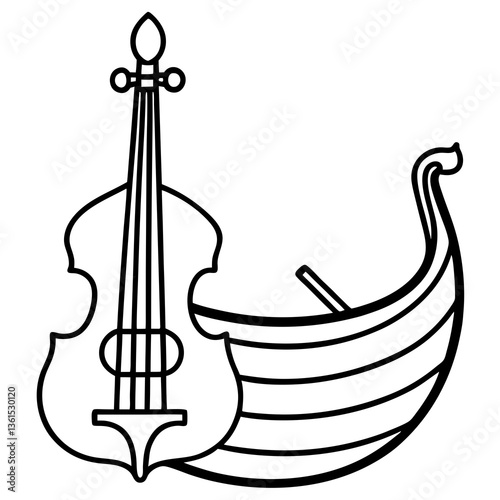 Violin Viking ship line art vector illustration
