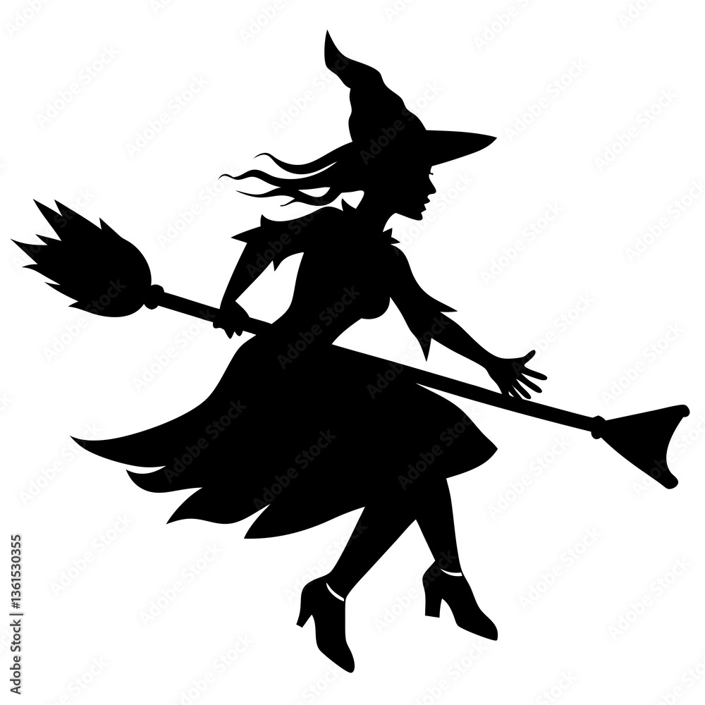 Fototapeta premium Witch flying on a broomstick silhouette vector illustration