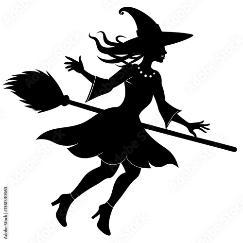 Witch flying on a broomstick silhouette vector illustration