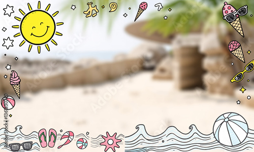 A hand-drawn cartoonish summer border with playful doodles of a smiling sun ice cream cones flip-flops