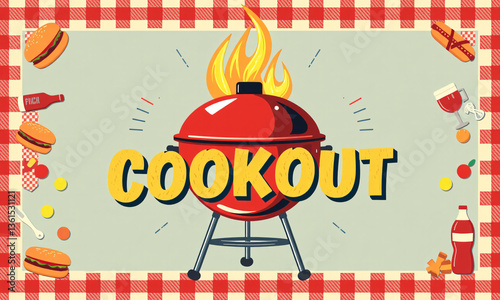 A vibrant vintage-style cookout flyer featuring a classic red charcoal grill with flames rising