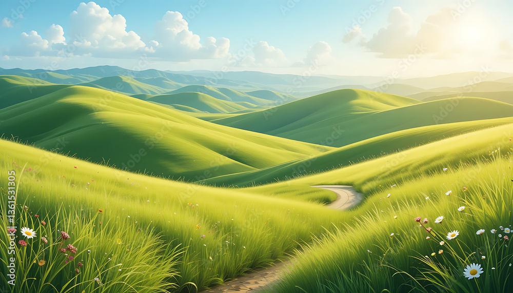 Obraz premium Vector llustrations of Green rolling hills landscape with long green grass