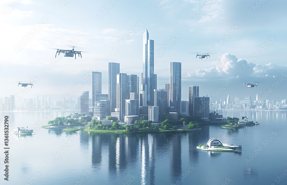 Obraz premium A futuristic cityscape on an island with skyscrapers and flying cars
