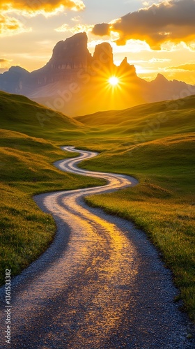 Winding mountain road at sunset, picturesque valley