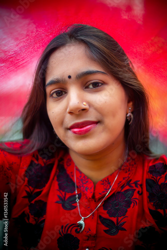 A portrait of a beautiful young Asian woman against a red veiled background. Fashion model portrait.