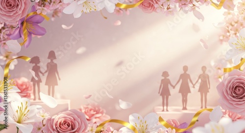 Greeting card backgrounds with a copy space, frame of pink roses and floral decorations for woman day