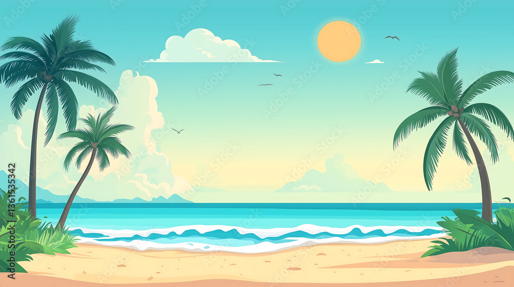 A clean and minimal flat design illustration of a tropical beach scene featuring palm trees, gentle ocean waves, and a bright sun, perfect for background images. A clean and minimal flat design illustration of a tropical beach scene featuring palm trees, gentle ocean waves, and a bright sun, perfect for background images.