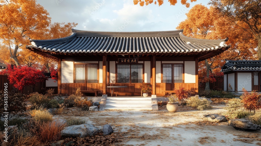 Obraz premium Traditional Asian house surrounded by vibrant autumn foliage and serene garden