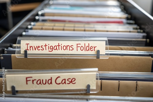 Fraud Case Investigation – Legal Office Filing Cabinet Close-Up with Red Handwritten Labels