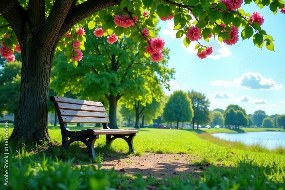Serene park bench beneath blossoming tree near tranquil lake on a sunny day Serene park bench beneath blossoming tree near tranquil lake on a sunny day