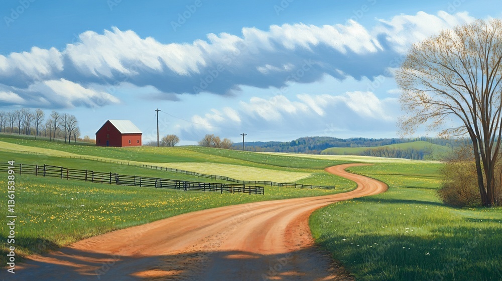 Fototapeta premium Scenic countryside with red barn winding road and fluffy clouds landscape