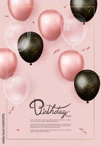 Happy birthday greeting card with pink, black and transparent balloons