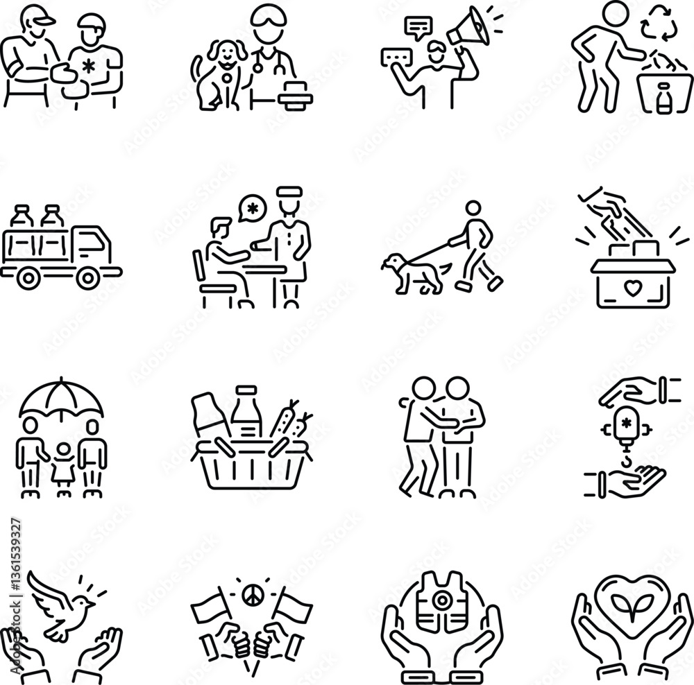 Fototapeta premium Collection of Linear Style Volunteer Icons