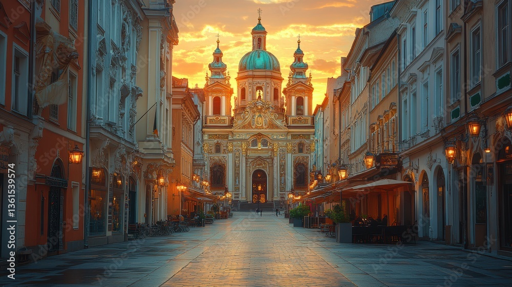 Obraz premium Beautiful European city street with a stunning church at sunset