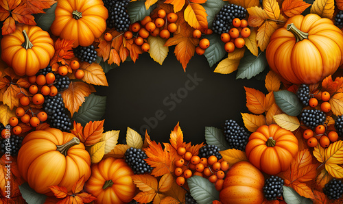 Autumn still life with pumpkins, leaves, and berries; a festive fall harvest illustration perfect for Thanksgiving or Halloween designs