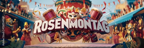 A vibrant Rosenmontag carnival design with bold ‘Rosenmontag’ typography at the center, surrounded by colorful confetti, masquerade masks, drums, and festive elements in a lively composition