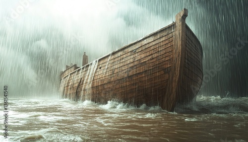 Noah's Ark amidst the pouring rain during the flood.