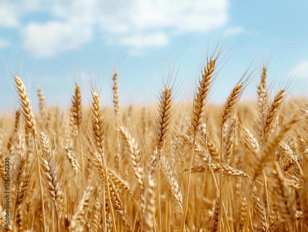 Golden Field of Wheat: Capturing the serene beauty of nature with close-up shot of golden wheat field gently swaying in the wind under a bright blue sky with wispy clouds. Golden Field of Wheat: Capturing the serene beauty of nature with close-up shot of golden wheat field gently swaying in the wind under a bright blue sky with wispy clouds.