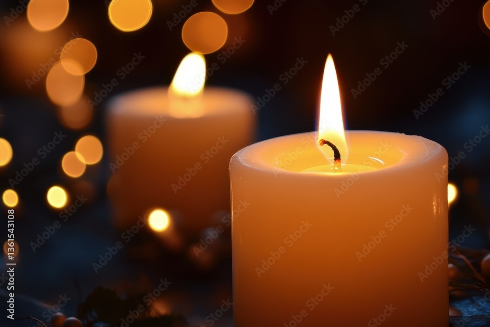 Glowing Embers of Serenity: Two lit candles cast a warm, inviting glow, their flames dancing gently against a bokeh backdrop of soft, golden light, creating an atmosphere of tranquility. Glowing Embers of Serenity: Two lit candles cast a warm, inviting glow, their flames dancing gently against a bokeh backdrop of soft, golden light, creating an atmosphere of tranquility.
