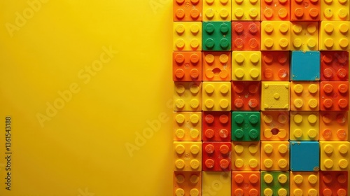 A vibrant collection of colorful plastic blocks arranged in a grid pattern against a sunny yellow backdrop.