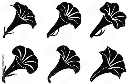 Black Silhouette of Six Trumpet Flowers, Elegant Floral on White Background