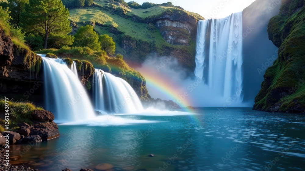 Fototapeta premium Serene Waterfall Cascade with a Vibrant Rainbow Arching Across a Tranquil Pool