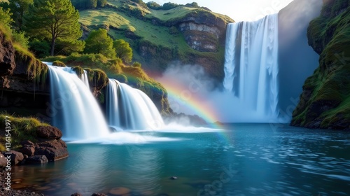 Serene Waterfall Cascade with a Vibrant Rainbow Arching Across a Tranquil Pool