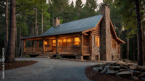 Rustic log cabin in the woods with a stone fireplace, large front porch, and warm glowing lights