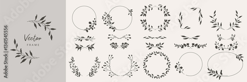 Collection of floral frames with silhouettes of branches, leaves and flowers. Hand drawn elegant delicate botanical borders and wreaths. Vector isolated elements for wedding invitation, card, logo