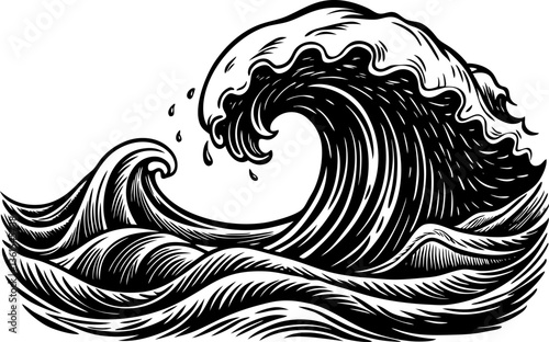 Dramatic ocean wave with swirling foam, showcasing the power and beauty of the sea sketch engraving vector